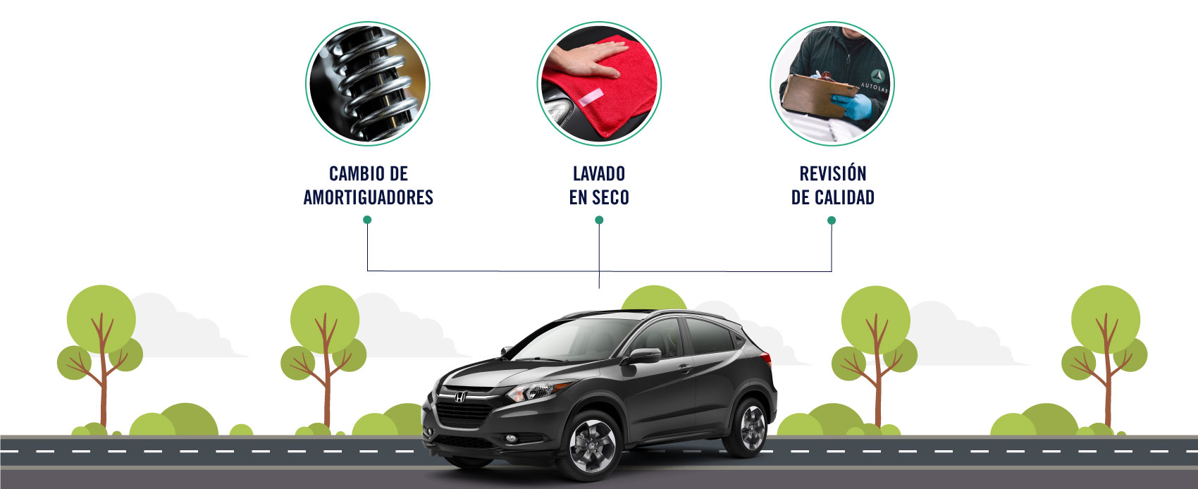 El servicio de cambio de amortiguadores para Honda incluye el cambio de amortiguadores, lavado en seco y un revisión de calidad.